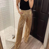 Autumn New Women's Pants Solid Color Button Fly High Waist Straight Wide Leg Sequined Trousers Female Tide