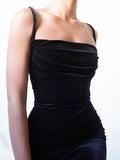 Black Velvet Spaghetti Strap Dress Front Ruched Mini Skinny Sleeveless Off Shoulder Women Fashion Elegant  Party Dress