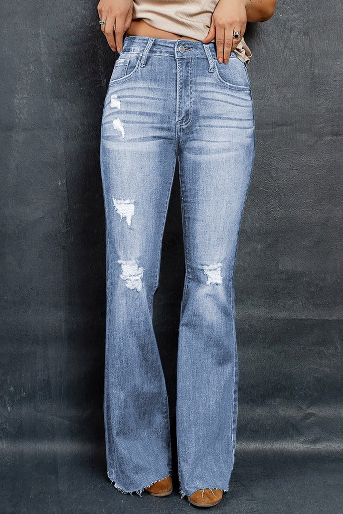 rRomildi Women's Street Denim Jeans Distressed Raw Hem Flare Jeans