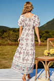 rRomildi Women's Boho Dress Floral Ruched Puff Sleeve Tiered Maxi Dress