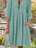 RomiLdi Casual Long Sleeve Cotton Linen Dress Daily Solid Color Dress