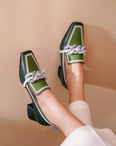 Colorblock Chain Decor Square Toe Chunky Heels