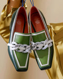 Colorblock Chain Decor Square Toe Chunky Heels