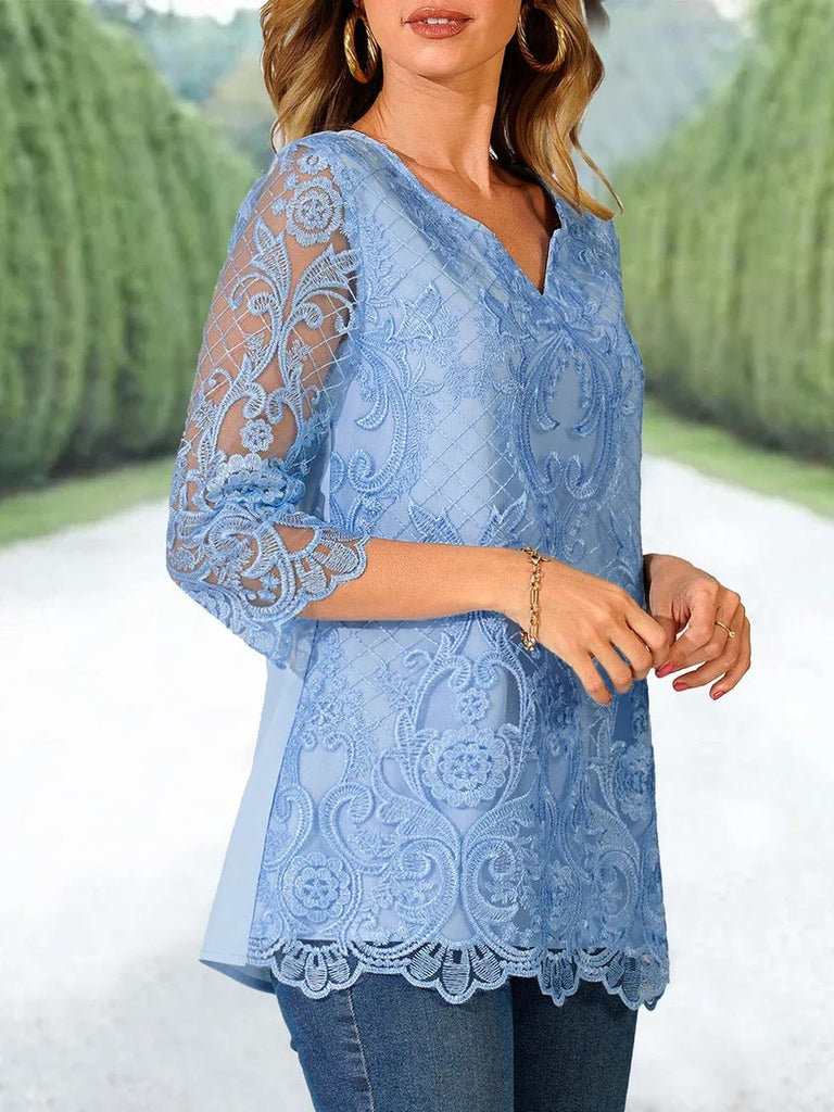 rRomildi Embroidered Lace Stitching Half Sleeve Blouse