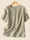 rRomildi Women's Cotton Linen Shirt Short Sleeve Crew Neck Graceful Linen Blouse