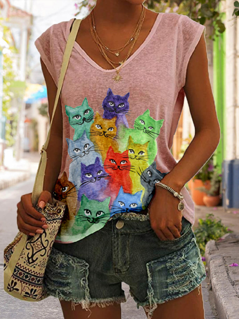 rRomildi Women's Cute Cats Painting For Cat Lover  Cap Sleeve T-Shirt