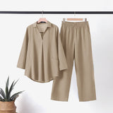 RomiLdi Cotton linen lapel long-sleeved shirt elastic waist trousers two-piece set