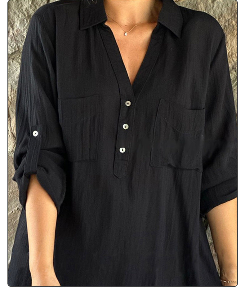 rRomildi Women's Cotton Linen Shirt V-Neck Linen Blouse with Front Pocket