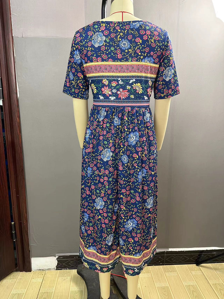 rRomildi Women's Bohemian Dress Ethnic Floral Print Beach Boho Summer Dress