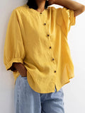 rRomildi Women's Solid Cotton Linen Blouse Light Weight Soft Linen Stand Collar Shirts