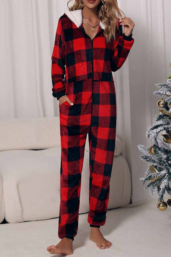RomiLdi Womens One Piece Fleece Pajamas Plaid Zip Up Flannel Hooded Jumpsuit