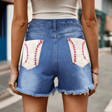 rRomildi Women's Denim Shorts American Flag Pocket Ripped Tassel Short Jean