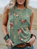 rRomildi Women's Western Cowboys Cowgirls Print Round Neck Sleeveless T-Shirt