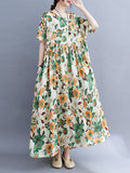 rRomildi Floral Printed Pleated Split-Joint Loose Short Sleeves Round-Neck Midi Dresses
