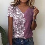 rRomildi Women's Floral Patchwork Print T-Shirt V-Neck Short Sleeve Tee