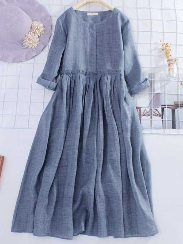 rRomildi Women's Cotton Linen Dress Round Neck Pleated Drawstring Dress