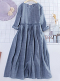 rRomildi Women's Cotton Linen Dress Round Neck Pleated Drawstring Dress