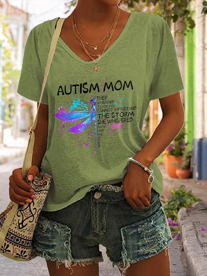 RomiLdi V-neck Retro Dragonfly Autism Mom I Am The Storm Print T-Shirt