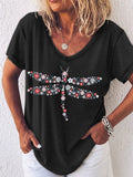 RomiLdi Women's Dragonfly Flower Print V Neck Casual T-Shirt