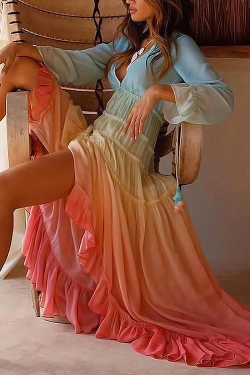 RomiLdi Rainbow Color High&Low Boho Maxi Swing Dress
