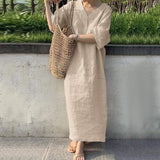 rRomildi Women's Casual Dresses V-Neck Loose Solid Cotton Linen Dress