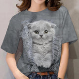 rRomildi Women's Cute Cat Print T-Shirt Crew Neck Short Sleeve 3D Cat Full Print Tee