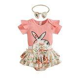 RomiLdi Baby Girl Clothes Easter Set Cute Rabbit Print Short Sleeve Bodysuit Top Floral Shorts Bow Headband