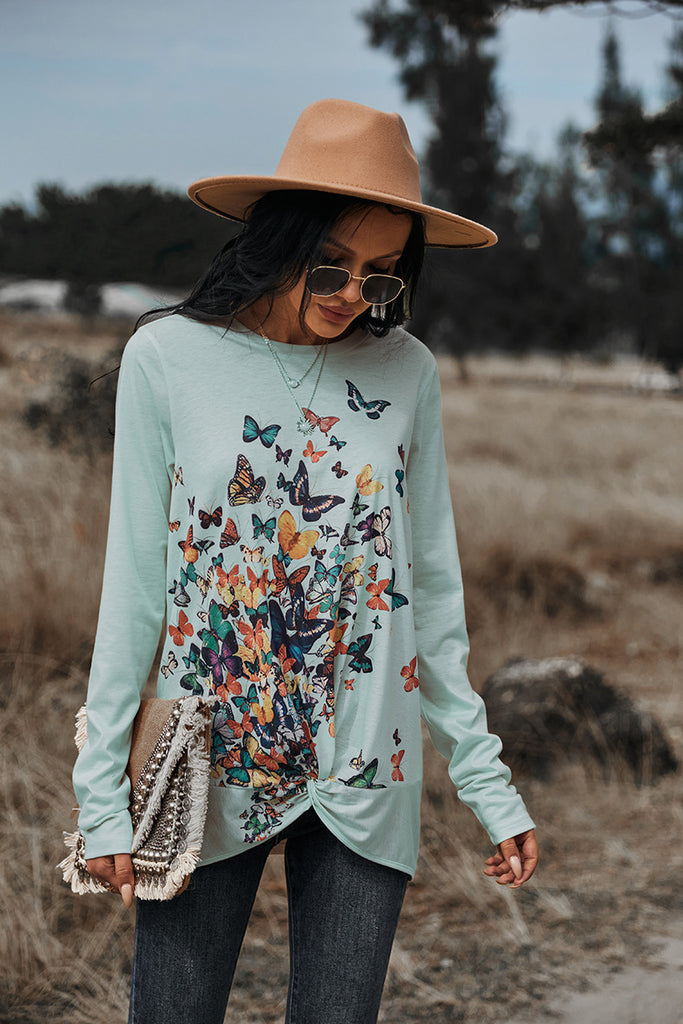 RomiLdi Women's T-Shirt Butterfly Print Long Sleeve Design Hem Crew-Neck Tee