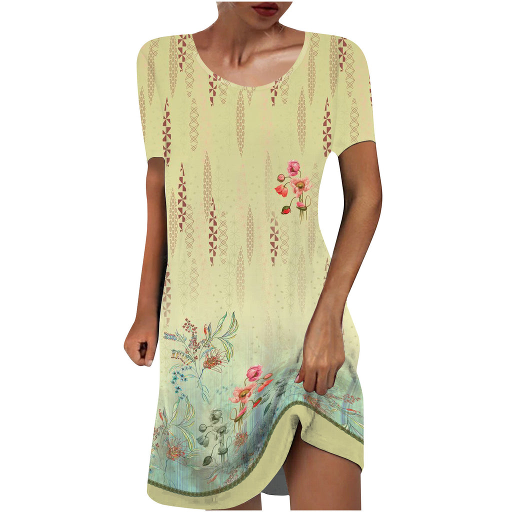 rRomildi Women's Retro Vintage Dress Summer Floral Print Crew Neck A Line Dress