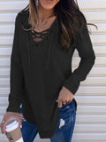 RomiLdi Womens V-Neck Lace Up Long Sleeve Loose Blouse