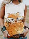 rRomildi Women's Cat Lover Vest Shirt, The Coffee Cat With Fish Cover The  Eyes Sleeveless Shirt