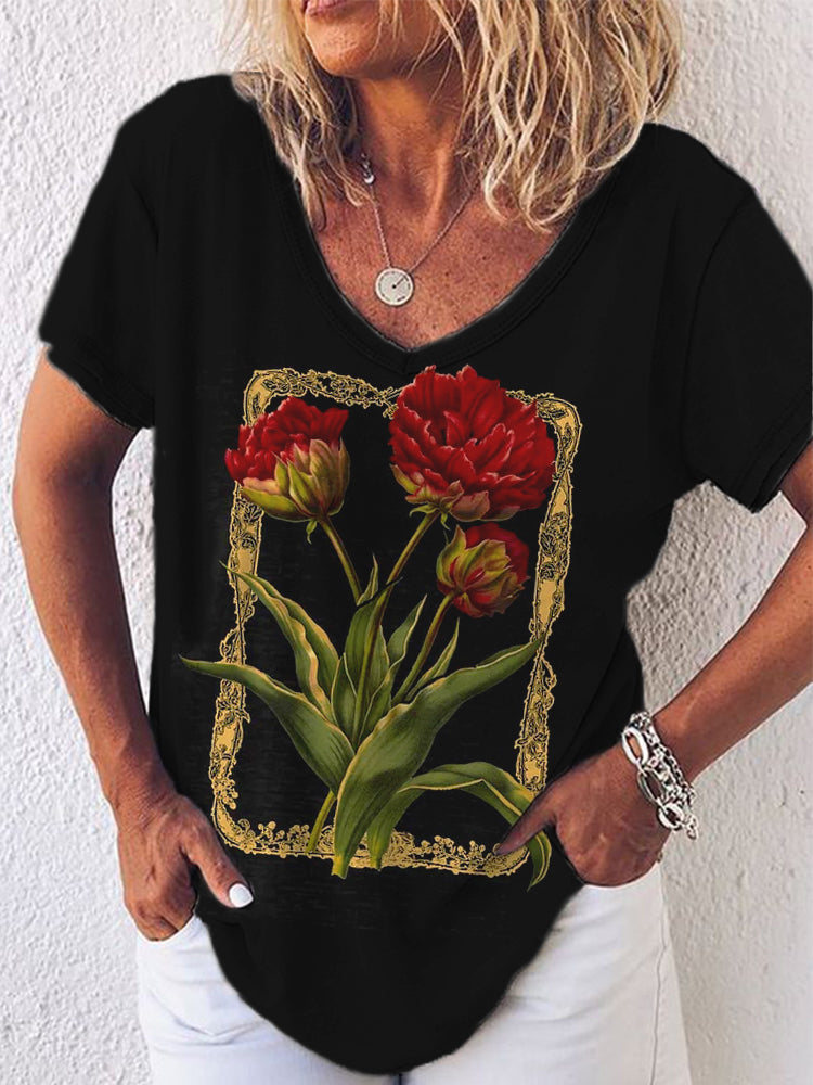 rRomildi Comfy Vintage Flowers Botanical Art V Neck T Shirt
