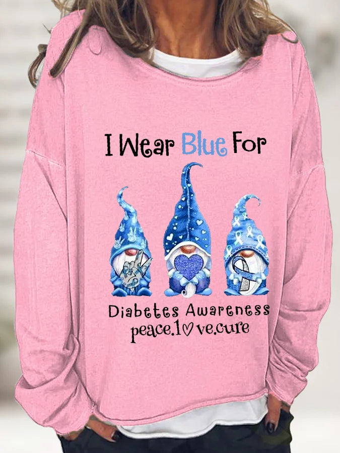 RomiLdi Women's I Wear Blue For Diabetes Awareness Gnomes Graphic Long-Sleeve Sweatshirt
