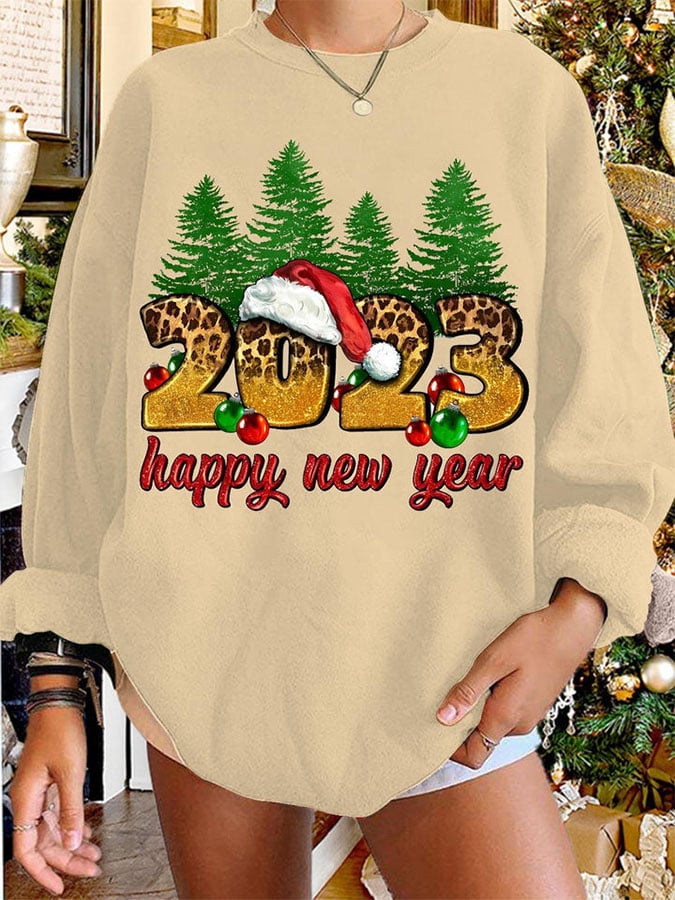 RomiLdi 2023 Happy New Year Fashion Print Loose Long Sleeve Sweatshirt
