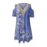 rRomildi Women's Casual Dresses Hollow out Sleeve Lace V-Neck Vintage Floral Print Mini Dress