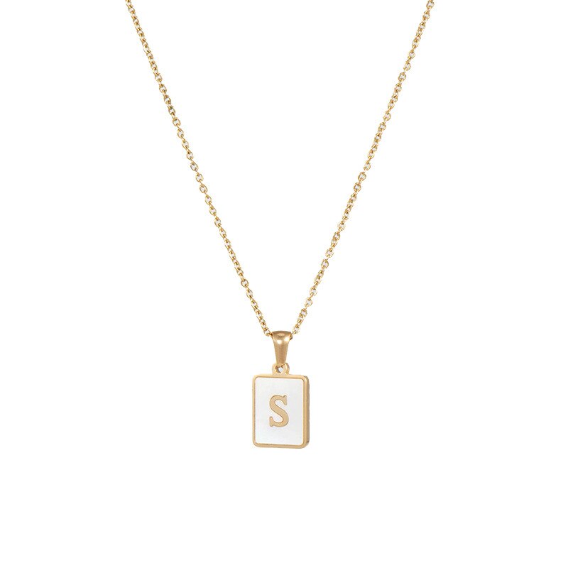 RomiLdi White Mother of Pearl Initial A-Z Square Pendant Necklace 18K Gold Plated Stainless Steel Necklace