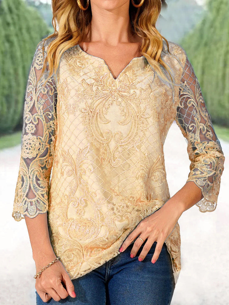 rRomildi Embroidered Lace Stitching Half Sleeve Blouse