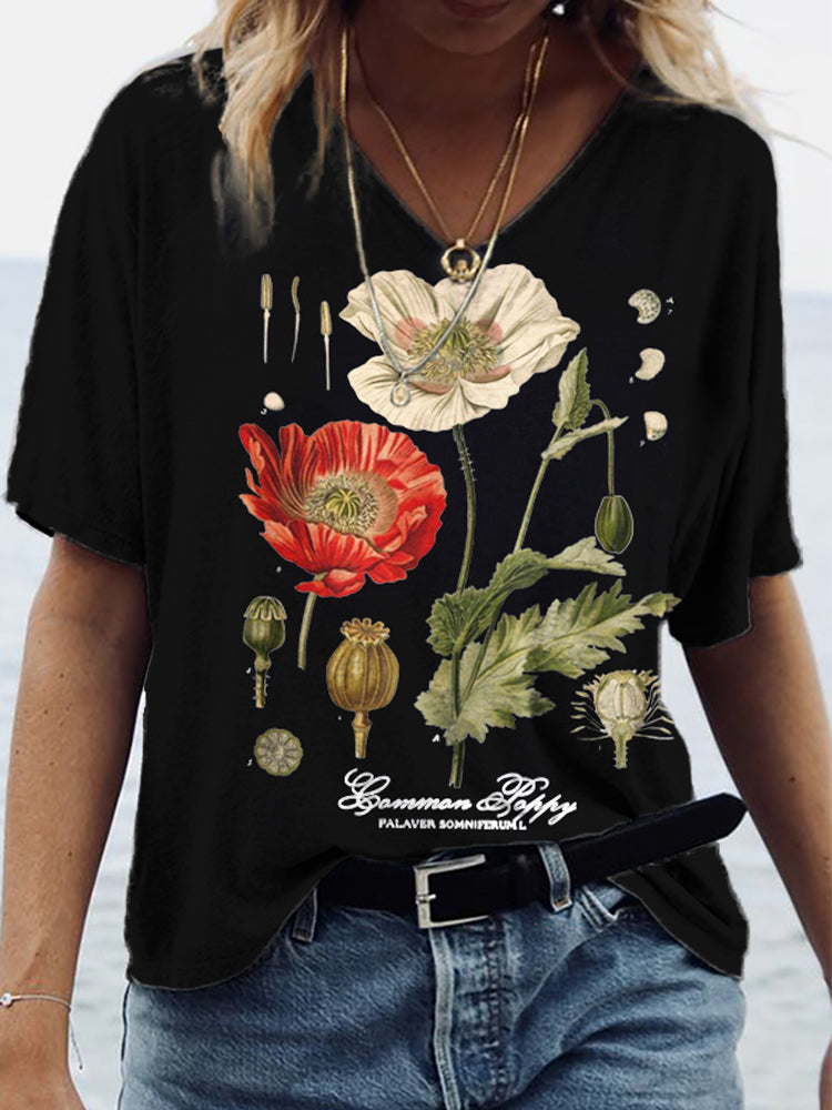 rRomildi Poppy Botanical Art V Neck T Shirt
