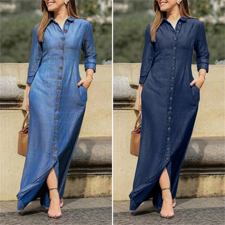 RomiLdi Women's Denim Dress Lapel Single Breasted Long Sleeve Long Maxi Dress