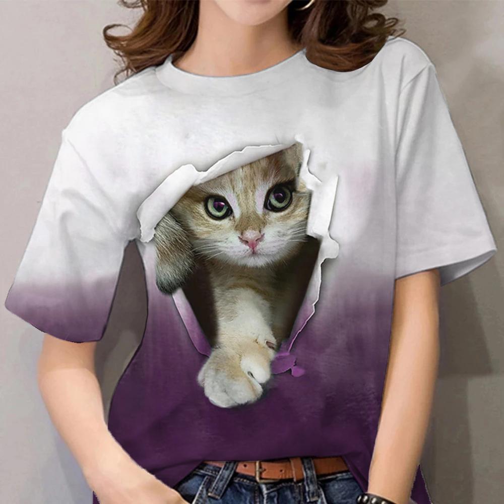 rRomildi Women's Cute Cat Print T-Shirt Crew Neck Short Sleeve 3D Cat Animal Print Tee