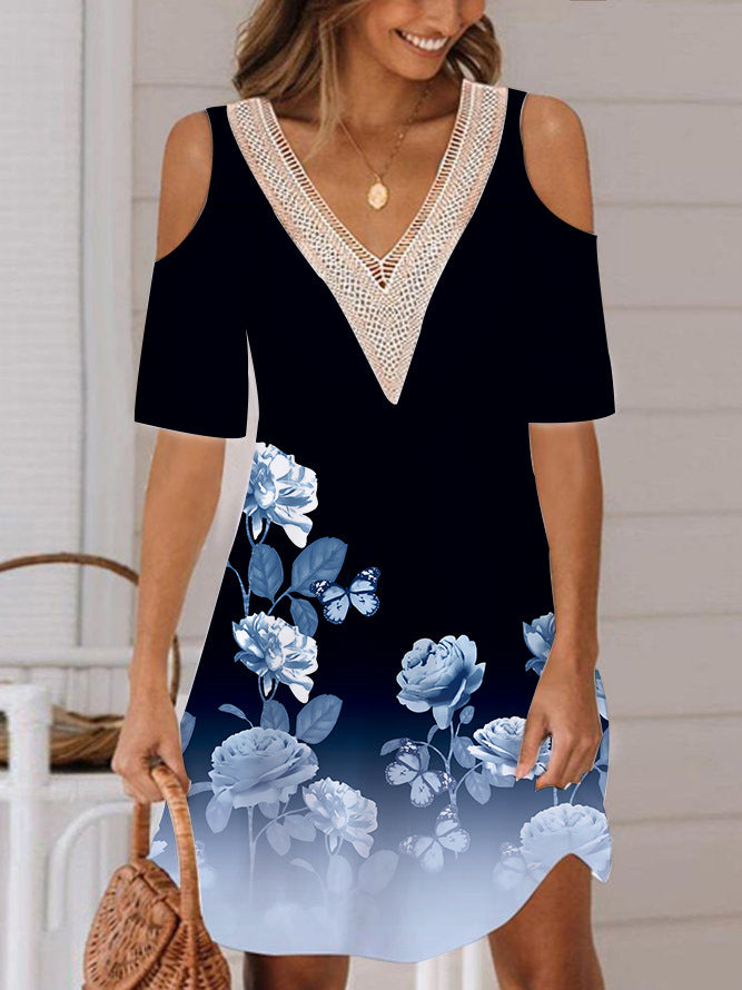 rRomildi Women's Casual Dresses Hollow out Sleeve Lace V-Neck Floral Print Mini Dress