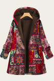 RomiLdi Womens Coat Vintage West Floral Print Red Hoodie Thick Fleece Jacket Coat Outerwear