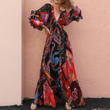 RomiLdi Women's Bohemian Dress V-Neck Floral Patchwork Print Puff Sleeve Long Maxi Boho Dress