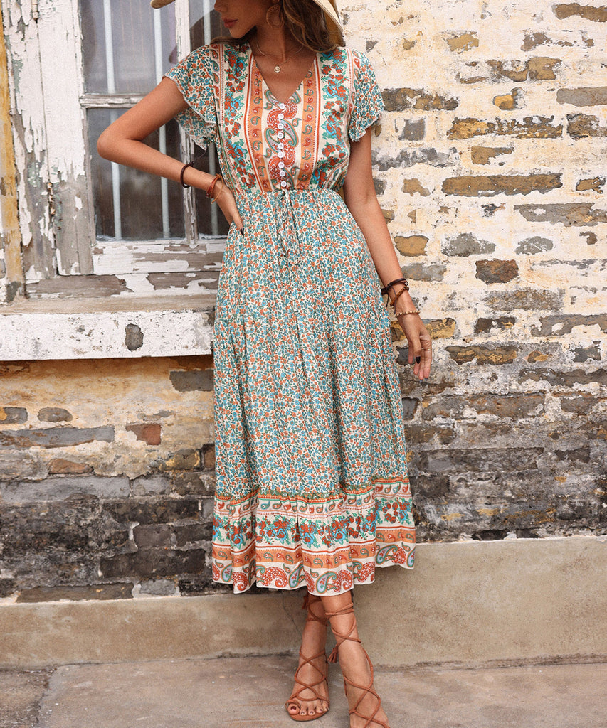 RomiLdi Women's Boho Dress Summer Floral Print Dress Bohemian Maxi Dress