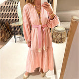 rRomildi Women's Cotton Linen Dress V-Neck Long Sleeve Maxi Linen Dress for Holiday