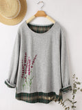 RomiLdi Floral Embroidery Crew Neck Pullover Long Sleeve Plaid Patchwork Women's Long Sleeve Top