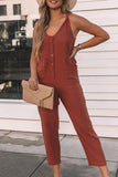 rRomildi Casual Solid Pocket Buttons V Neck Loose Jumpsuits