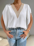 rRomildi Women's Casual Shirt Lace V-Neck Solid Chiffon Blouse