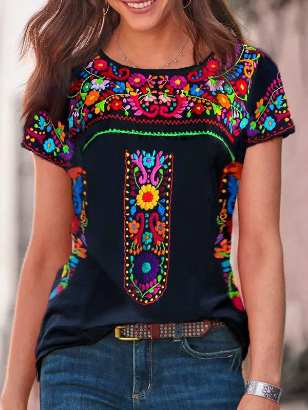 RomiLdi Women's Bohemian Tee Tribal Western Floral Print Crew Neck T-Shirt