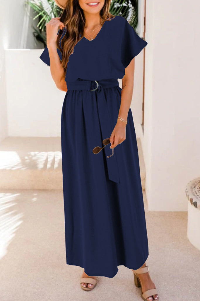rRomildi Casual Solid With Belt V Neck Waist Skirt Short Sleeve Dress